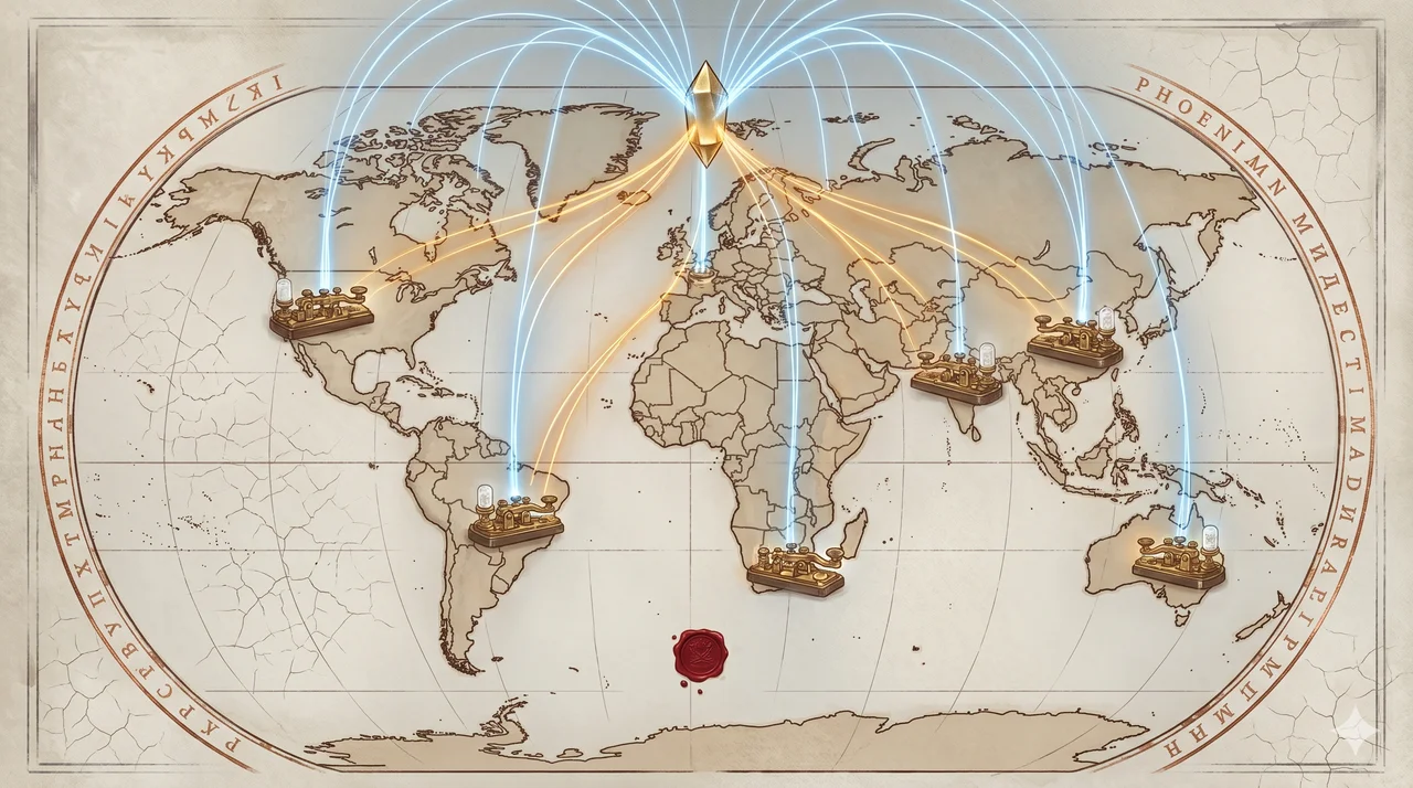 Seven voting terminals glowing across a stylised world map, lines converging toward a central apex point, rendered in cold blue and gold