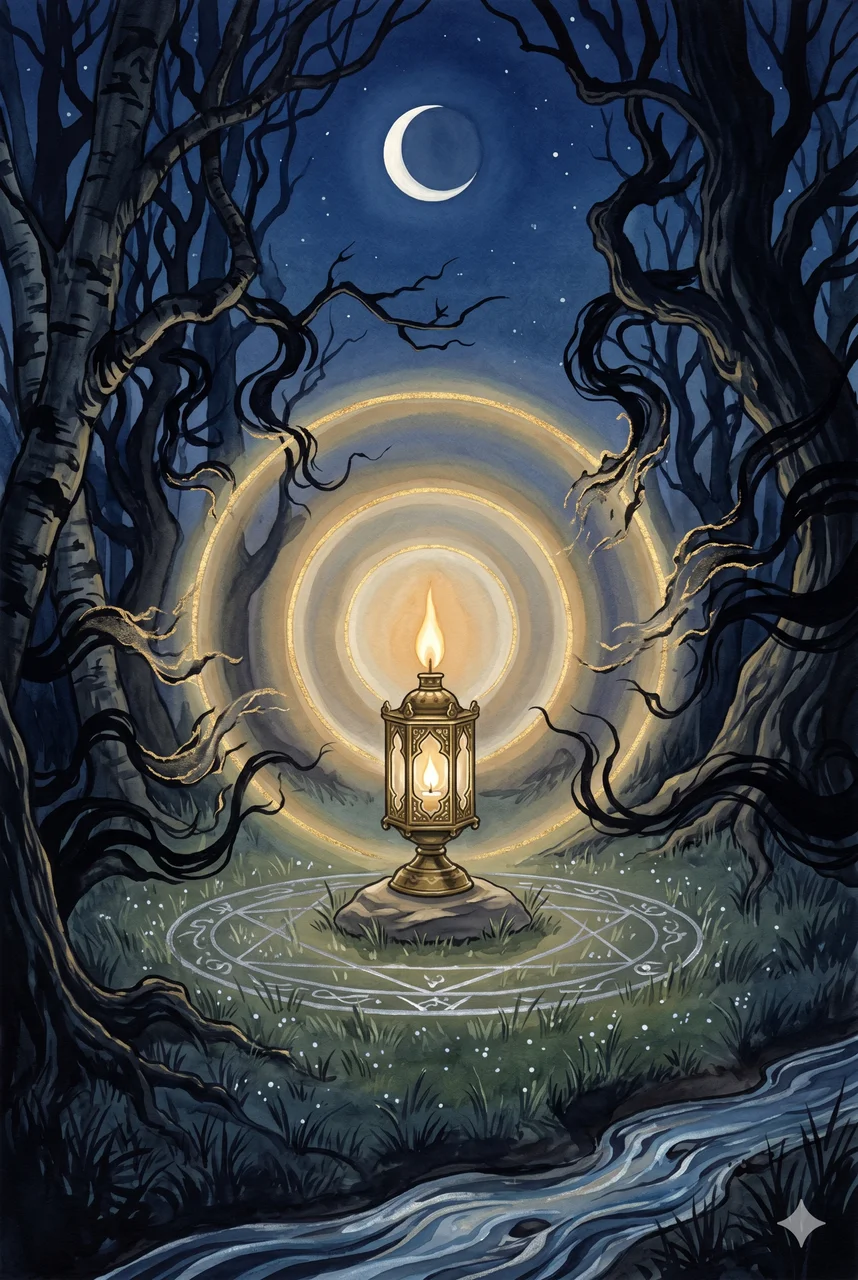 A solitary figure surrounded by a luminous protective aura at night, with dark swirling tendrils dissipating around the edges of the light