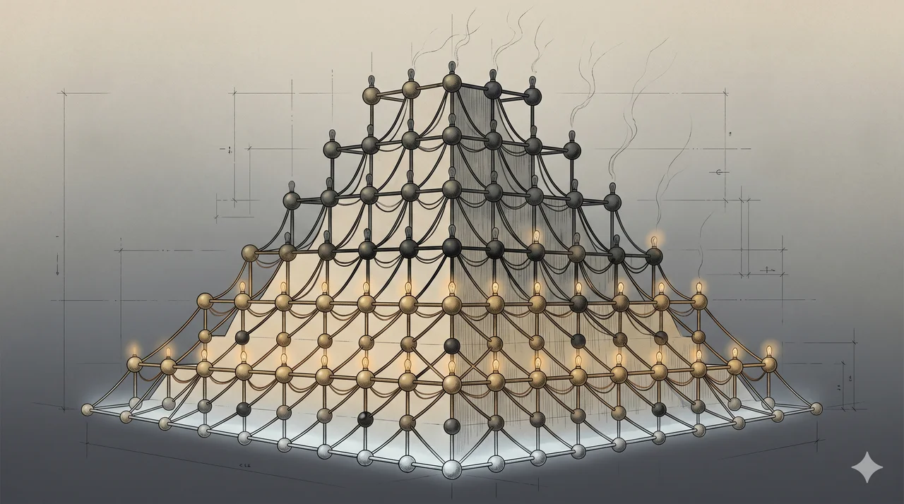 Abstract image of a hierarchical pyramid of nodes, with lights going out tier by tier from the top down