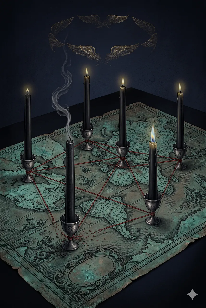 Stylized map of the globe with six simultaneous candle-lit ceremony sites going dark one by one