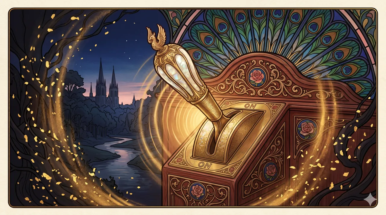 Symbolic image of a switch being flipped, golden light flooding outward through a darkened world