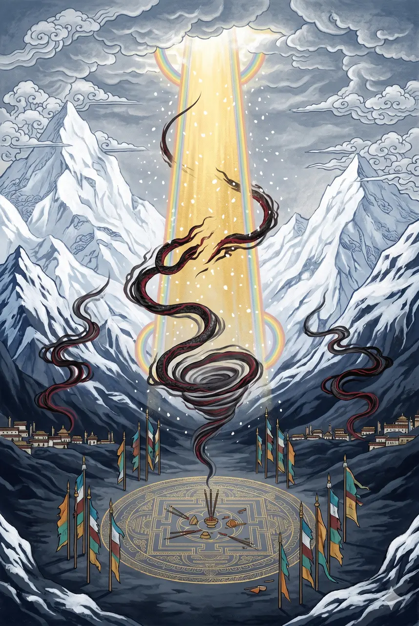 Symbolic image of a high mountain valley with dark swirling energy being drawn toward a single point, intercepted by golden light