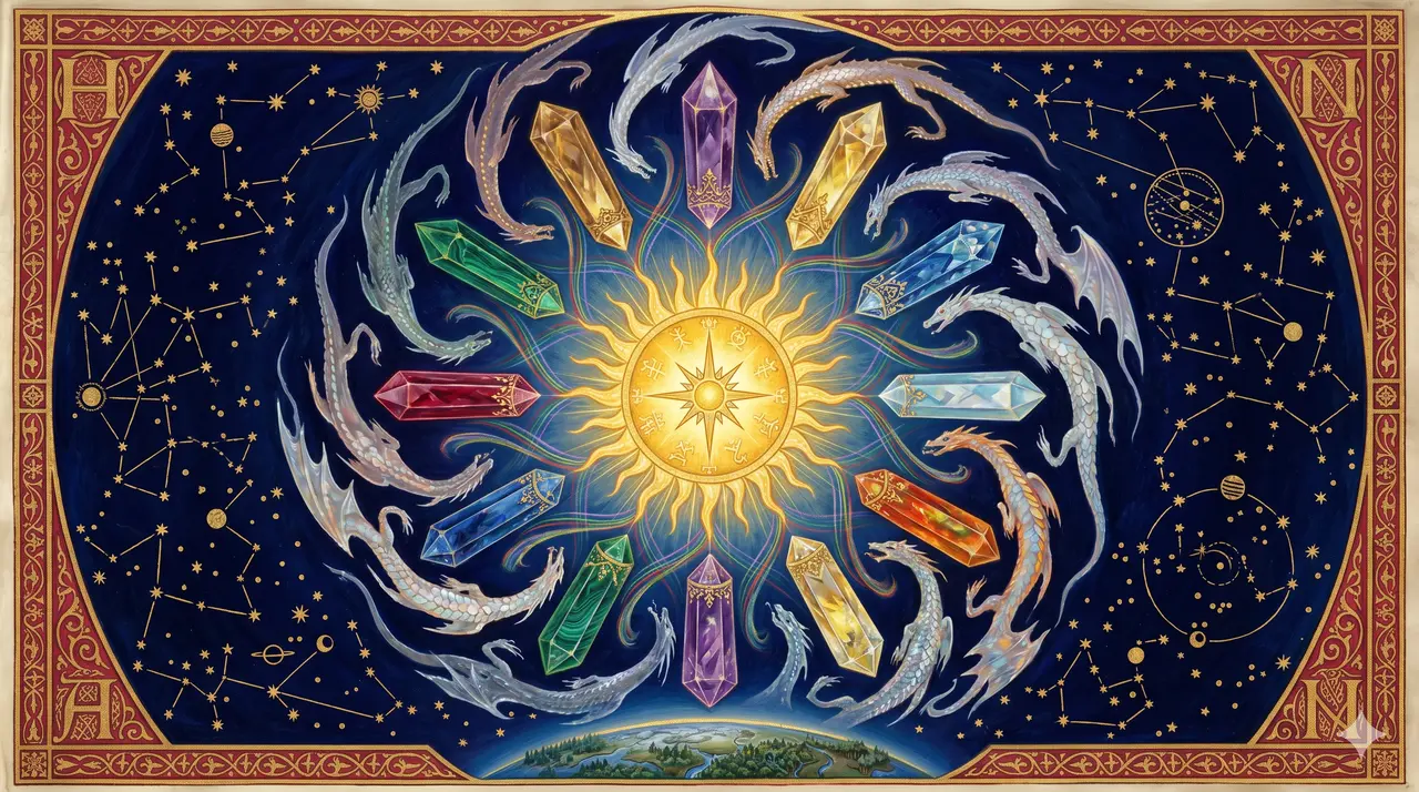 Thirteen luminous crystals arranged in a crown formation, with rainbow-hued dragon silhouettes in orbit returning to a central point of light