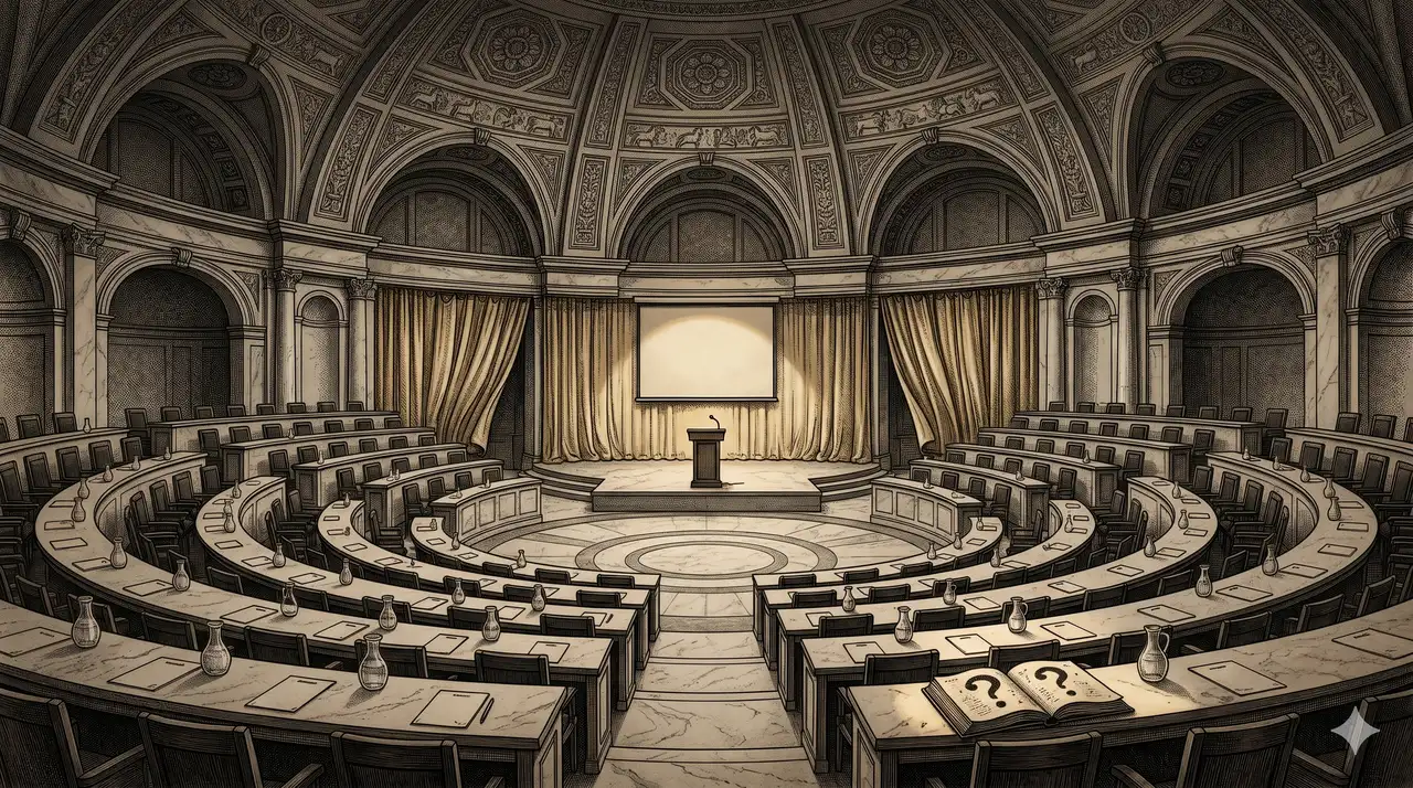 A vast corporate boardroom with every seat filled, but the presentation screen at the front is blank, and a central speaker has only empty hands raised
