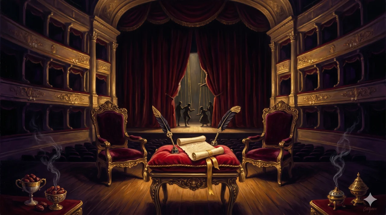 An opulent signing ceremony rendered as a stage play, with spotlit handshake in the foreground and unseen scriptwriters sketched in silhouette behind the curtain