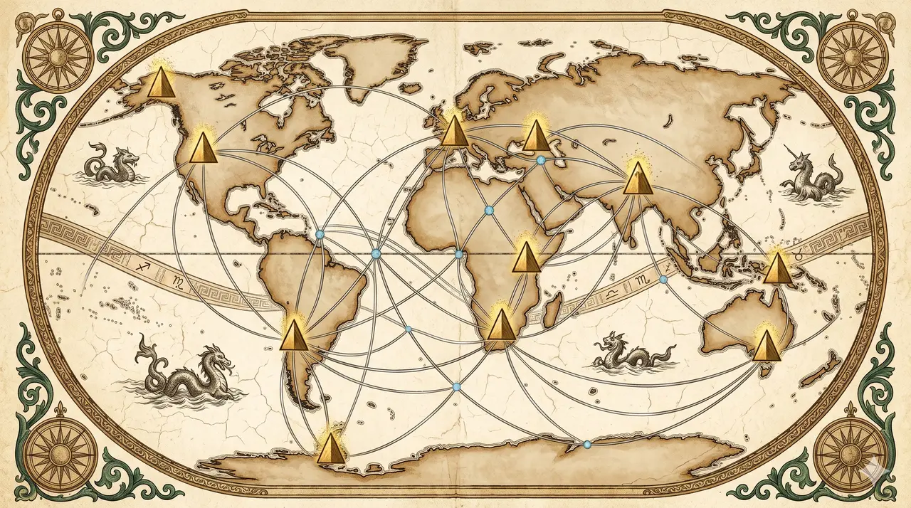 Stylized world map with nine mountain peaks marked by glowing points, connected by geometric lines suggesting an energy grid