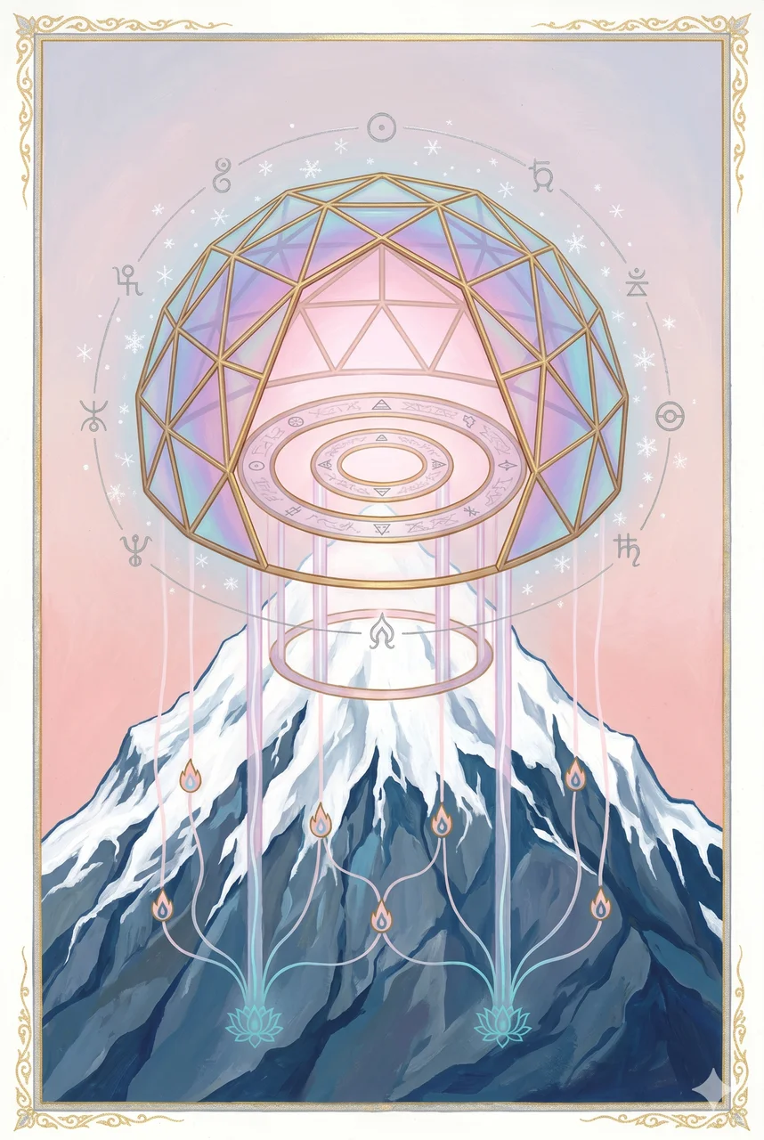 Vertical illustration of a mountain summit with a translucent geometric dome rising from it, showing nested access points leading to human silhouettes below