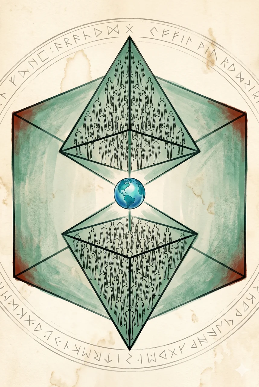 A cube containing Earth at its center, with upward and downward tetrahedra filled with shadowy humanoid figures