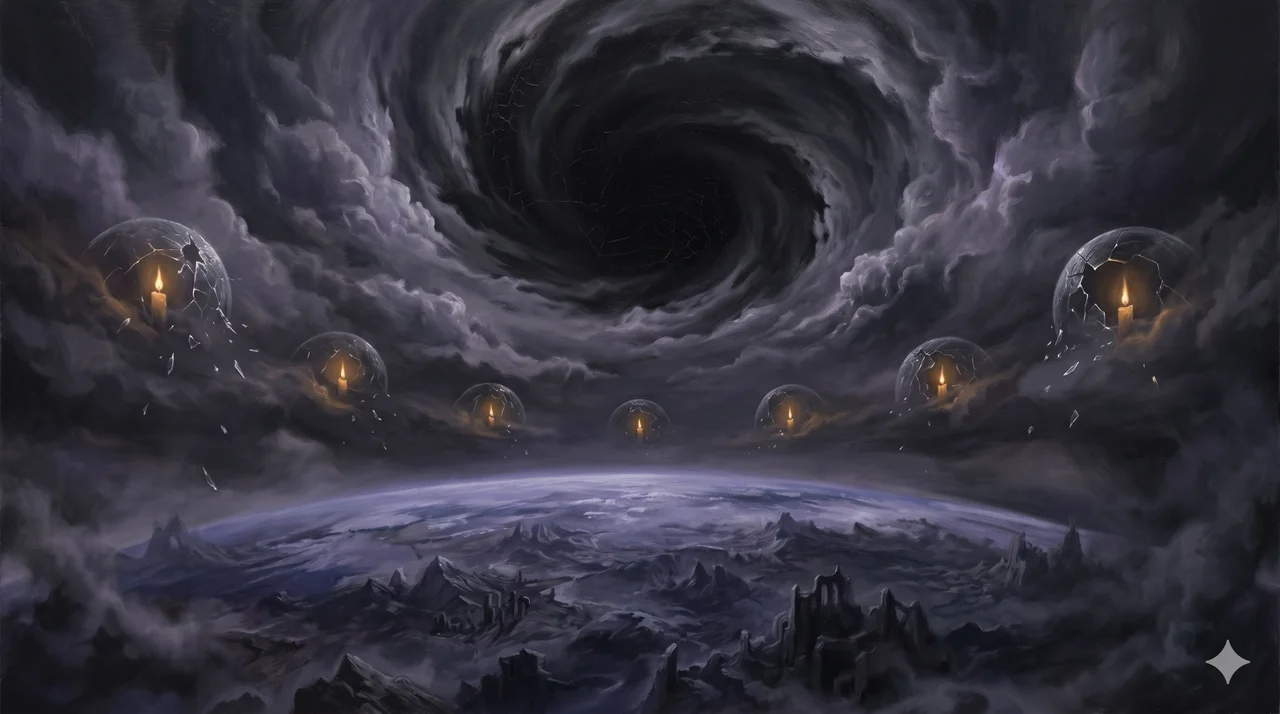 A dark vortex opening over Earth while seven pinpoints of light at sacred sites flicker and fail