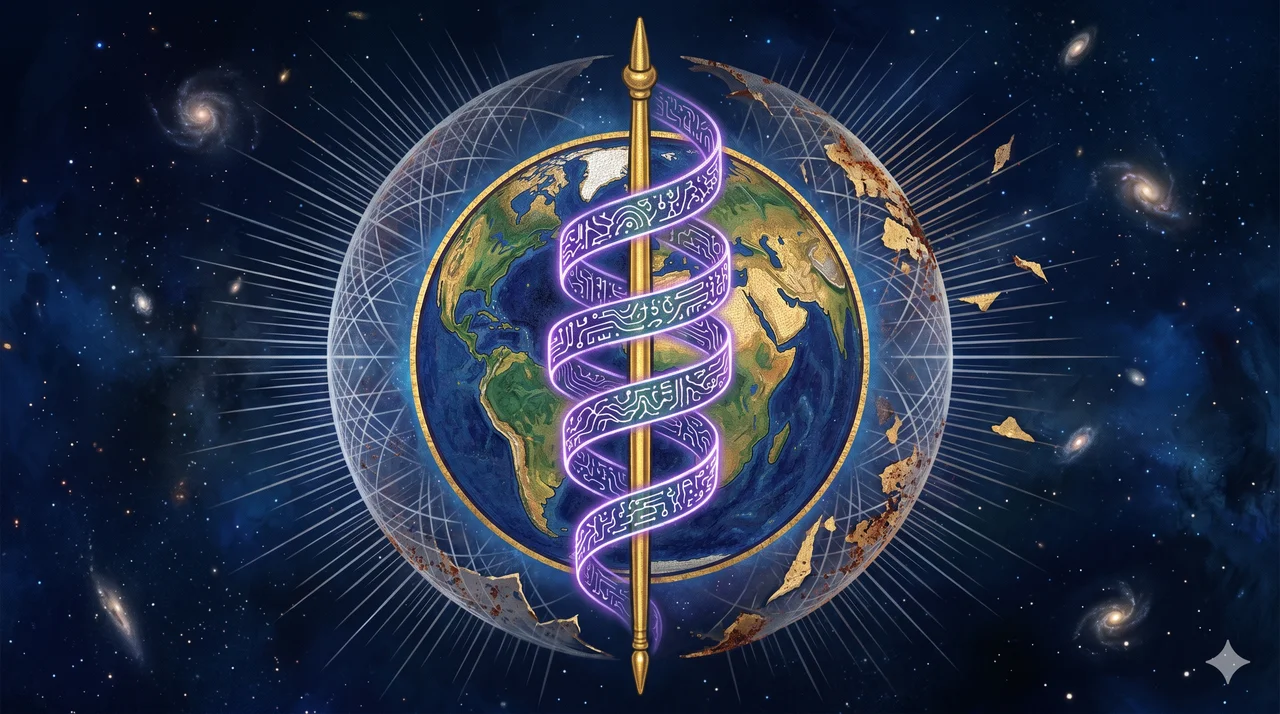 A golden rod running along Earth's polar axis, wrapped with luminous light-language script, with holographic projections radiating outward