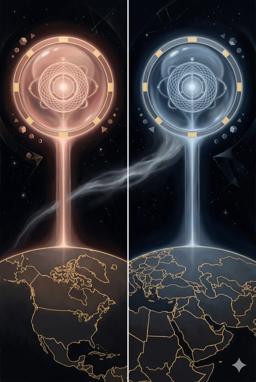 Two inverted mirror globes representing the artificial feminine and masculine sides of Source, gateways glowing over North America and the Middle East