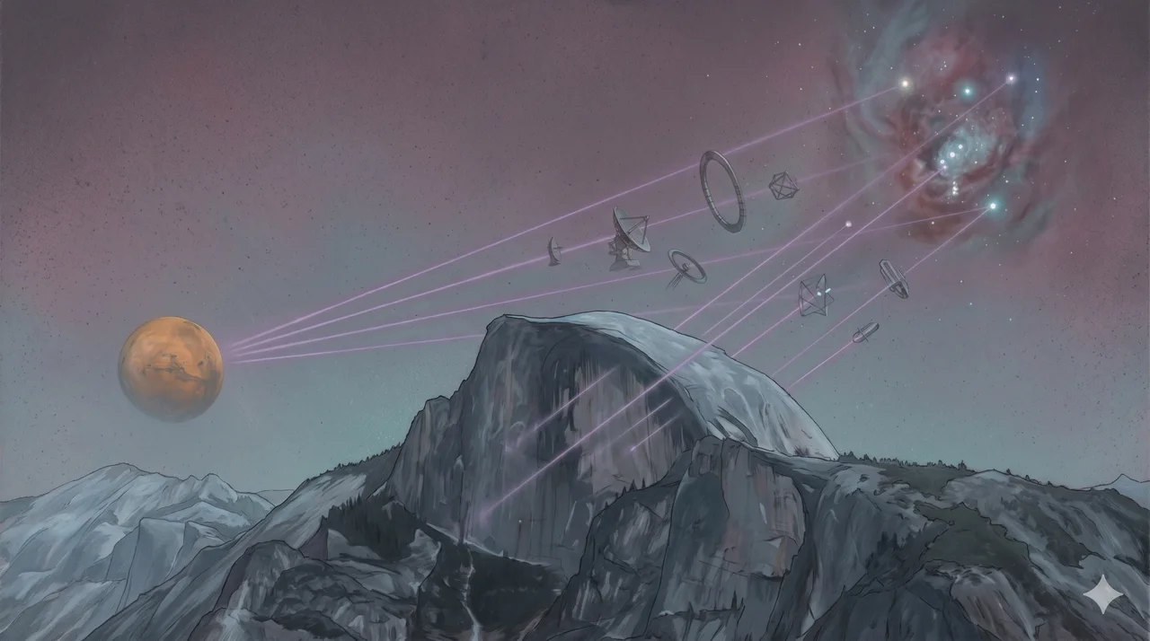 Conceptual image of Cheyenne Mountain as a lower-astral communications hub, with spectral links radiating toward Mars and the Orion Nebula