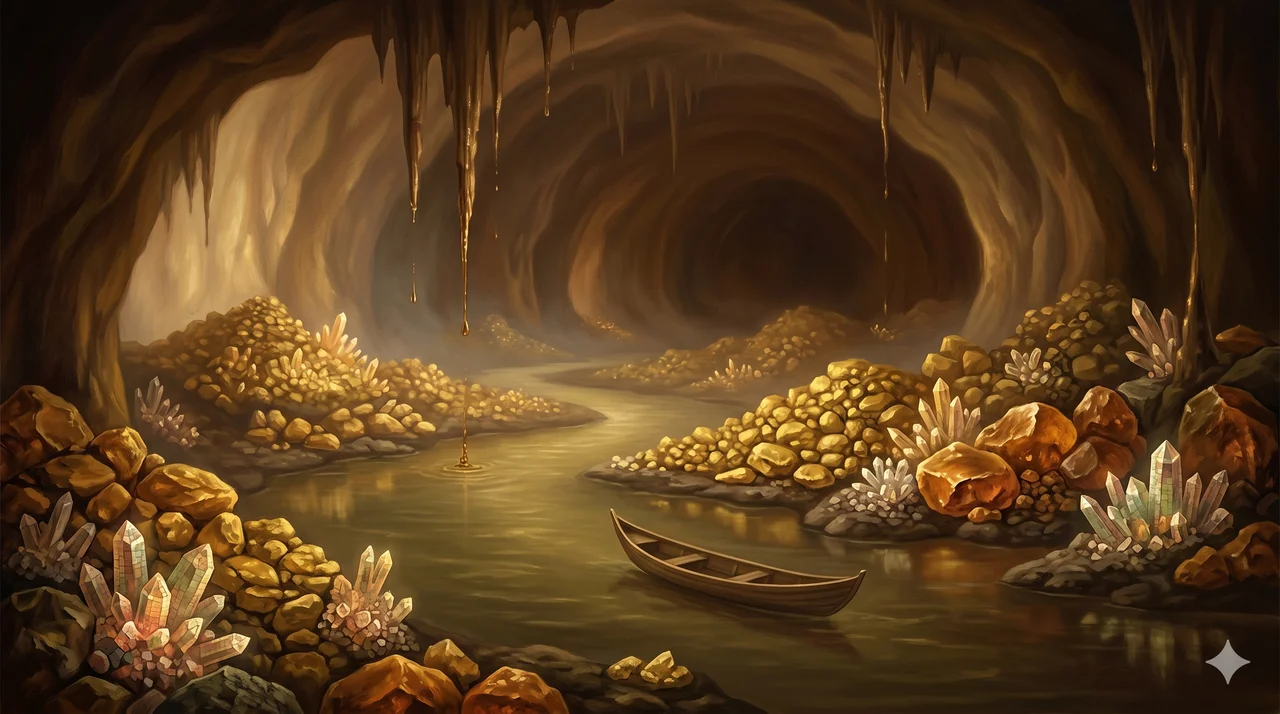 Dim golden river winding through a vast inner cavern piled with gold, amber gems, and living crystals, with a small boat drifting down the current