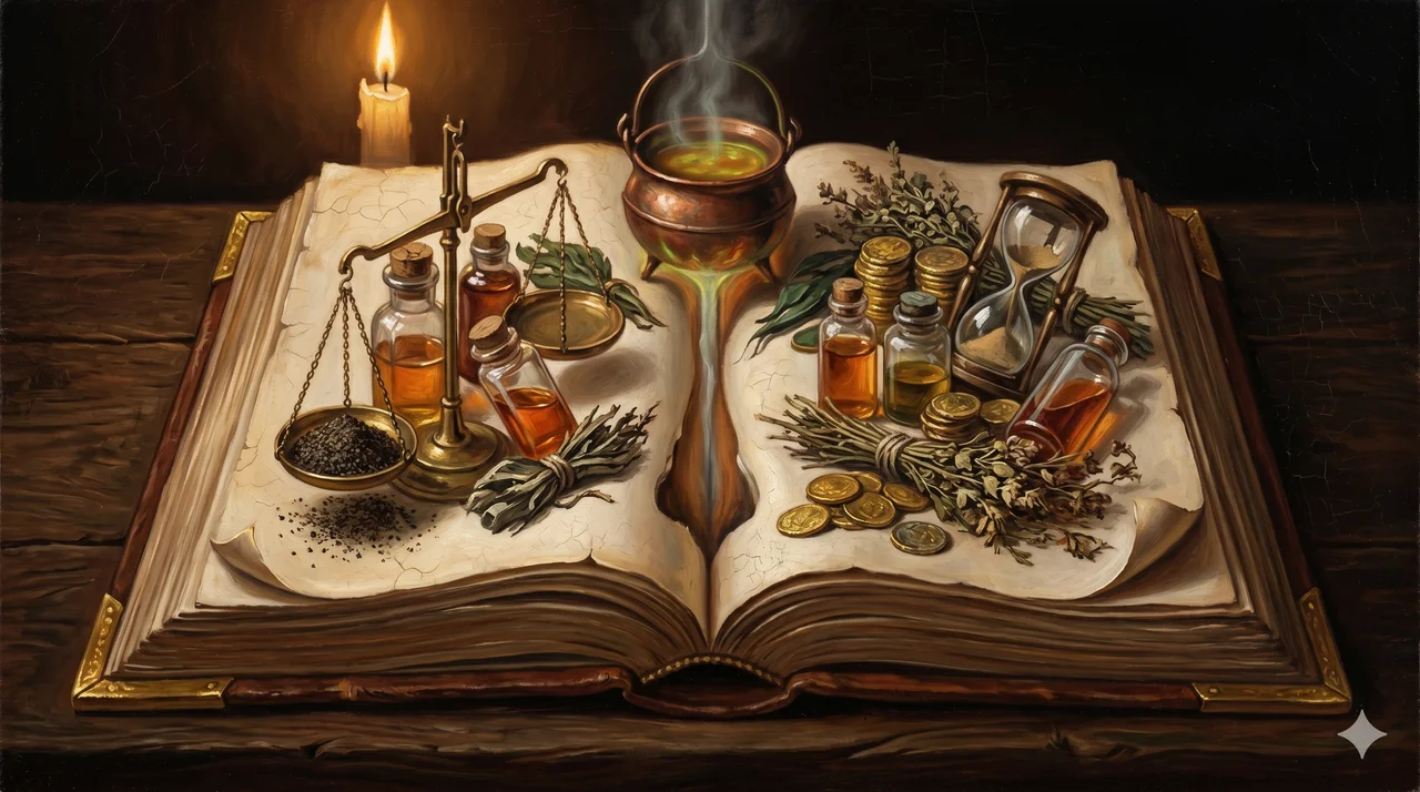 Conceptual image of a cosmic recipe book - ingredients of the dark age laid out as measured portions of suffering, disease, and money flowing into a glowing pot