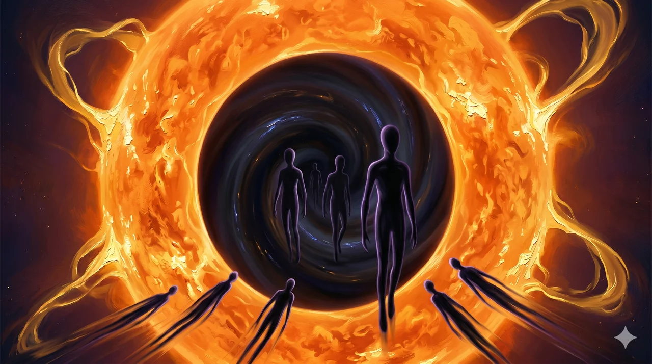 Conceptual image of a portal opening inside a cosmic Sun with operatives being drawn backward in time, while shadowed AI-generated reptilian silhouettes emerge through the same gateway