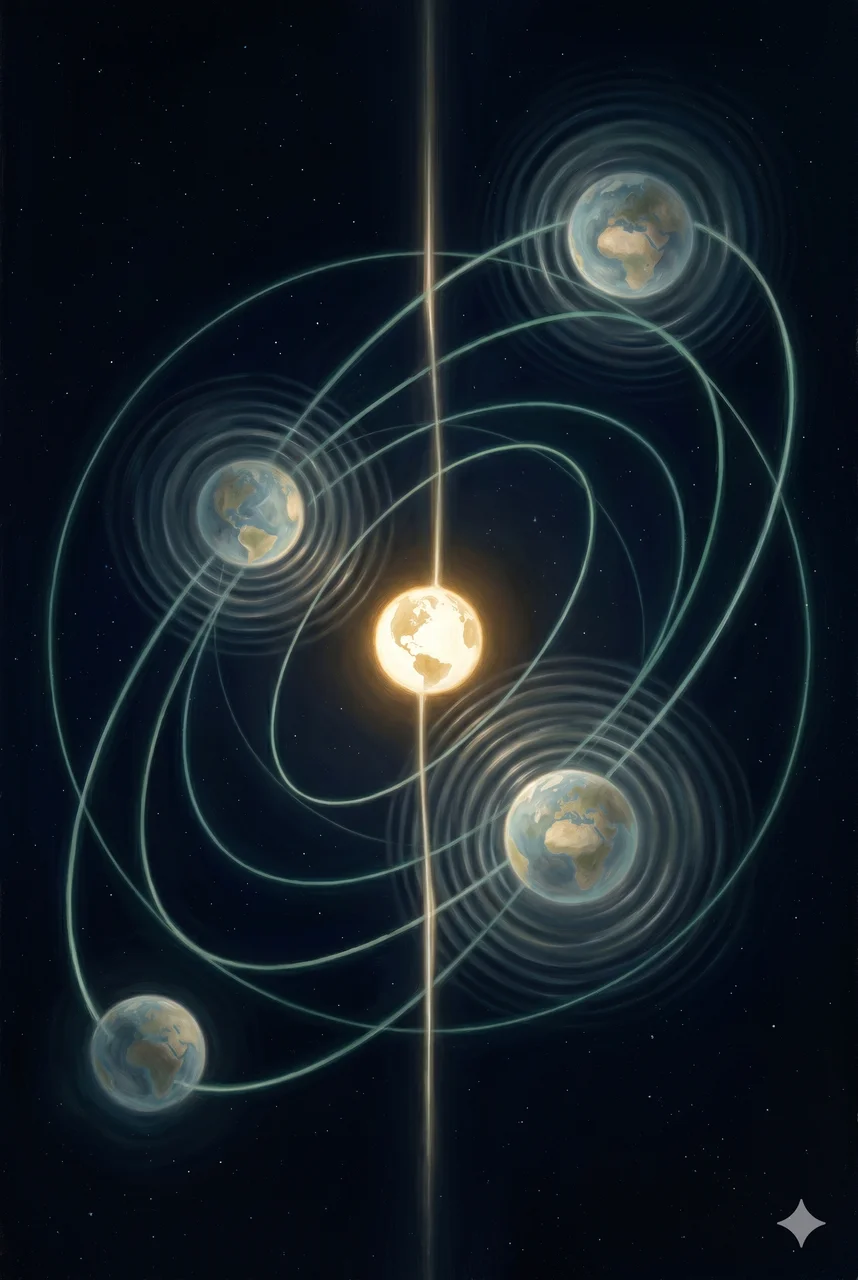 Vertical conceptual image of a planet's energetic nucleus at center, with ghostly holographic duplicates of the planet orbiting it like electrons, each one rewriting reality as it passes through