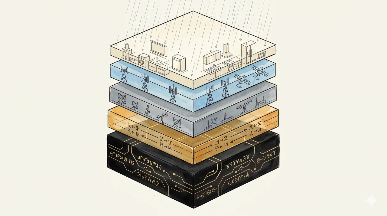 Conceptual diagram of layered technology with an opaque base root platform at the bottom, translation layers in the middle, and human-readable military and consumer systems at the top
