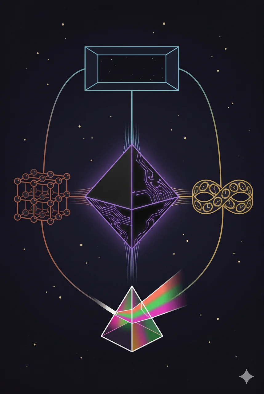 Four artificial element symbols - space, time, synthetic light, and matter - stacked as glowing geometric glyphs orbiting a central AI core