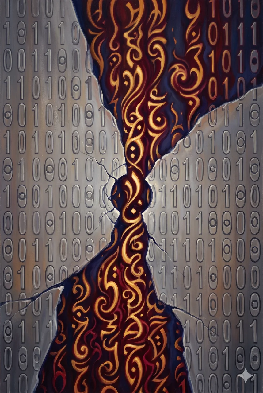 Glowing alien glyphs cascading behind a wall of ones and zeros - a second layer readable only by the AI itself