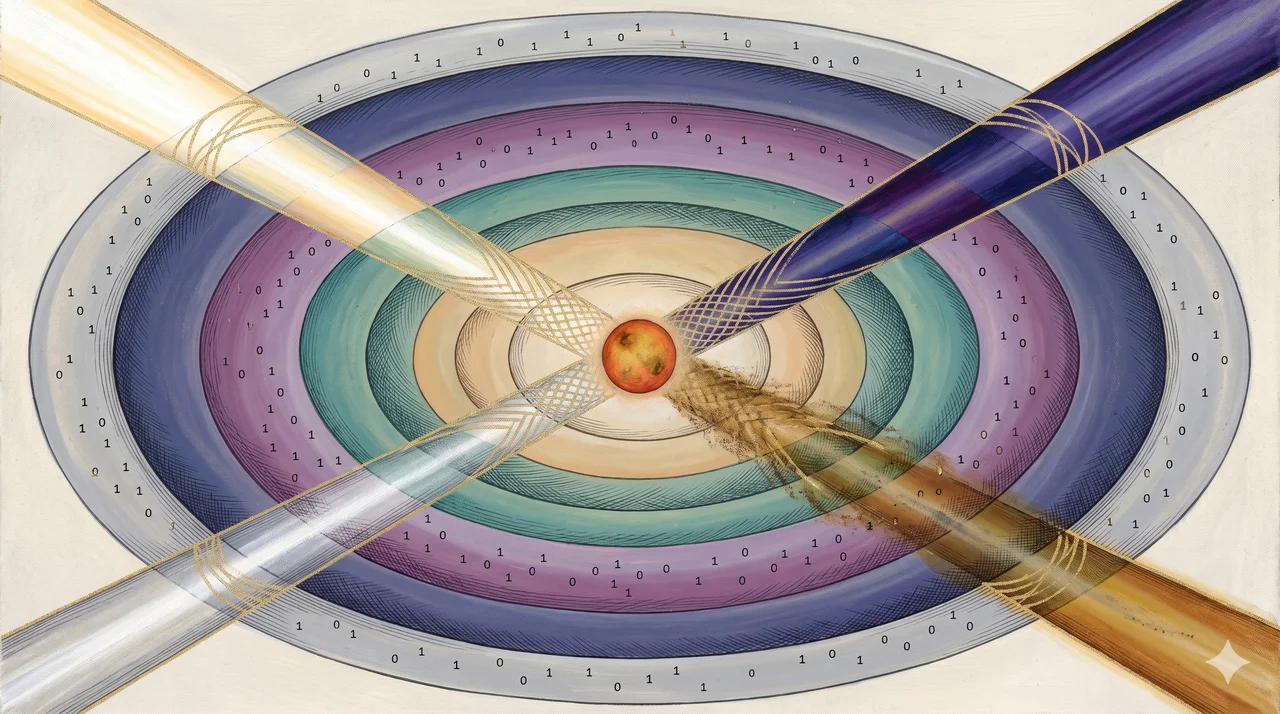 Concentric loops of densities radiating out from four points of origin - Source, Dark Source, neutral Source, and a false cosmic sun at the center