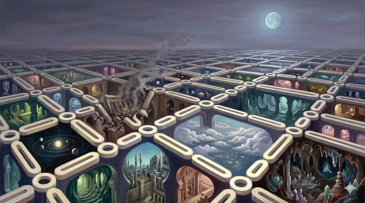 A lattice of glowing ones and zeros with vast pocket-universes unfolding inside the spaces between them - worlds nested inside the gaps