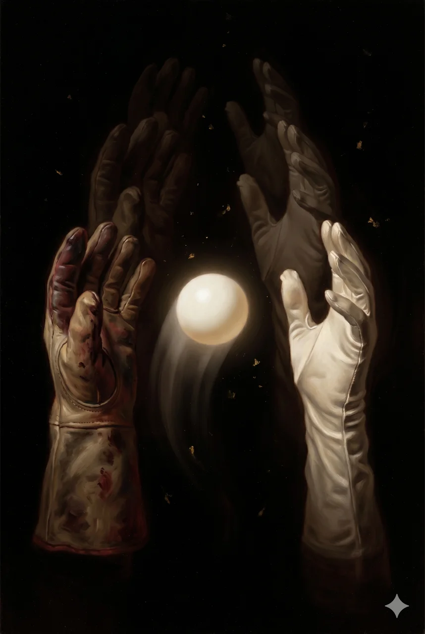 A single ping-pong ball being volleyed between gloved hands representing rival factions, each reaching for it rather than cooperating