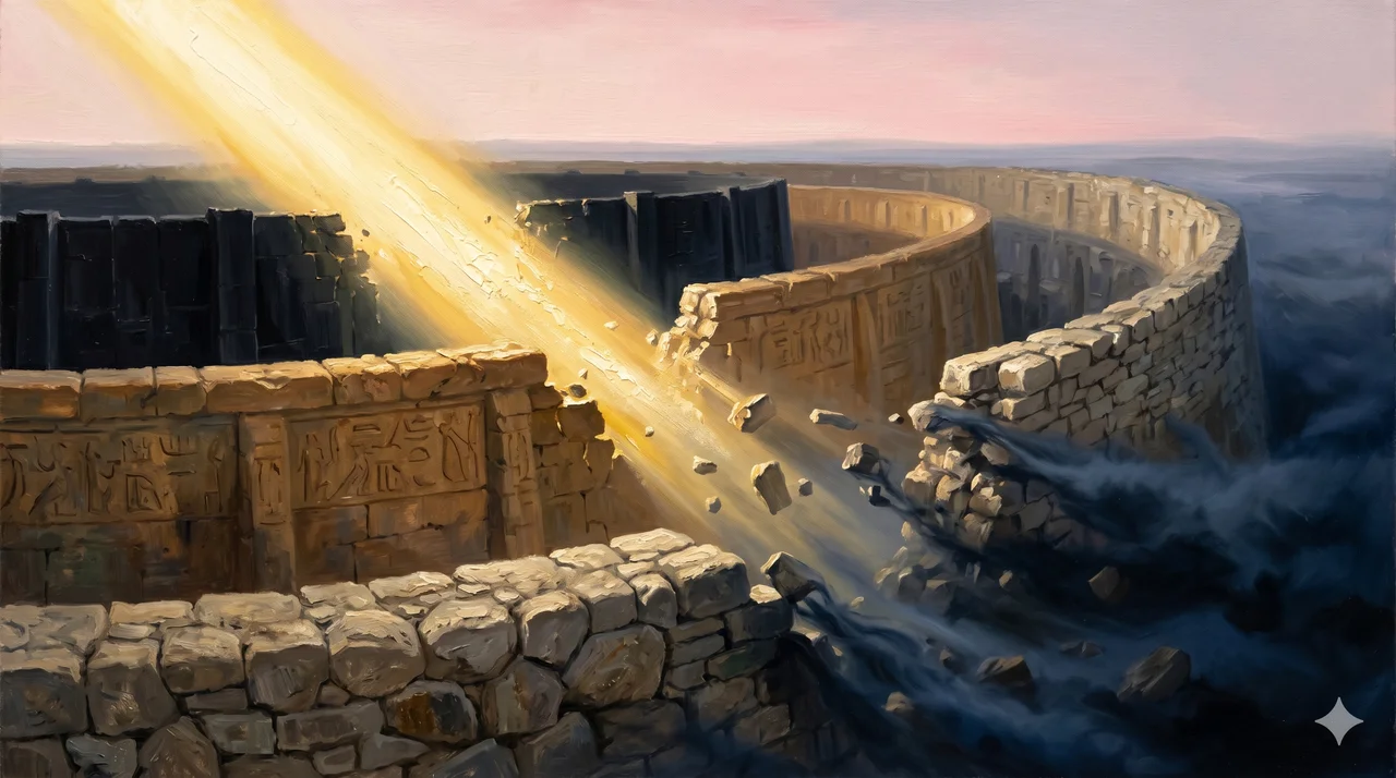 Thick layered walls being breached by golden light - simultaneous pull backward by failsafes and forward by the transition process