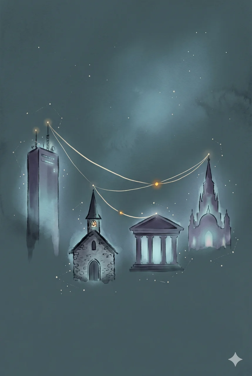 A quiet constellation of interlinked nodes - a news studio, a Swiss chapel, a Supreme Court bench, a Mormon temple - joined by a single thread of light