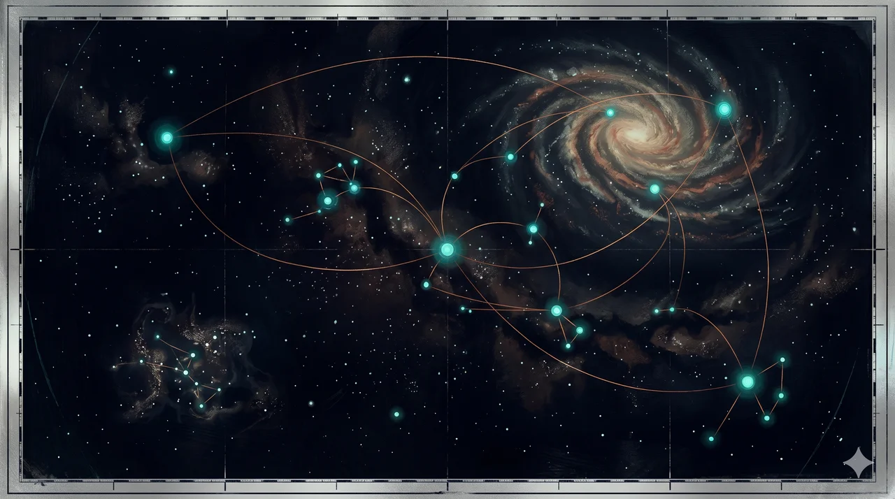 A schematic star map showing federation bases distributed across the galaxy, with glowing nodes at Proximus Interi, Alpha Centauri, Beta Centauri, Andromeda, and the Cancer constellation