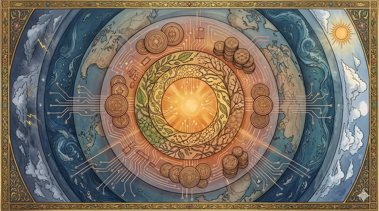 A layered diagram of domains stacked like concentric rings - elements, finance, countries, organisms - all rendered as faint circuitry absorbed into a warm central glow labeled Source