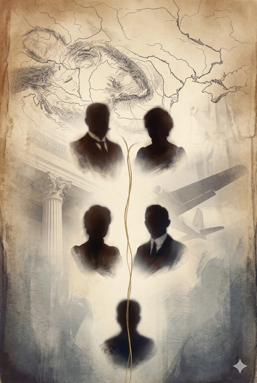 A genealogical thread stretching from a Ukrainian-German family into twentieth-century American politics, rendered as faint sepia portraits joined by a single line