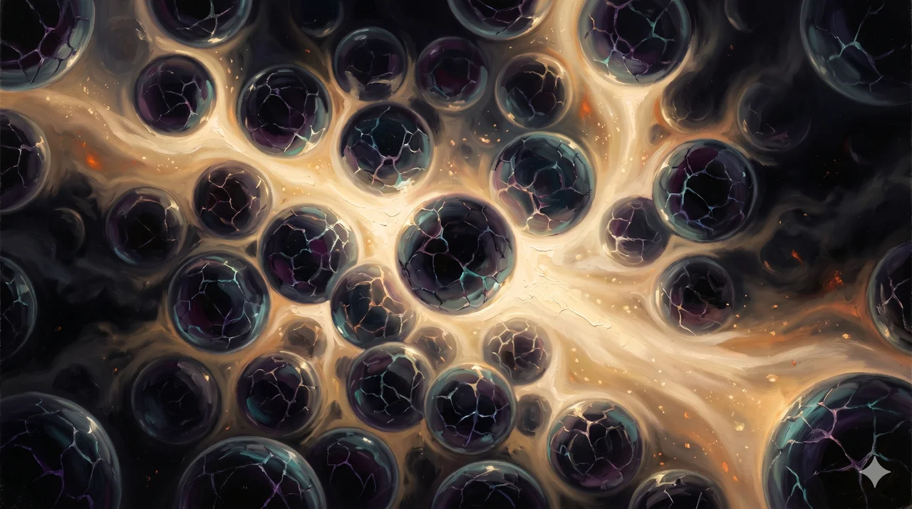 Golden luminous breath flowing into the dark interstices between spheres, displacing shadow with living light