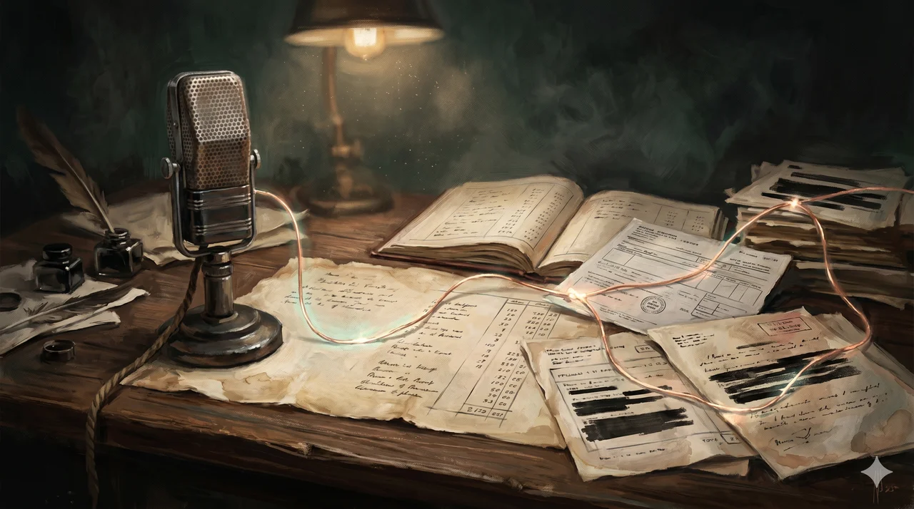 A tangled thread leading from a microphone and radio transmission outward through a network of financial documents
