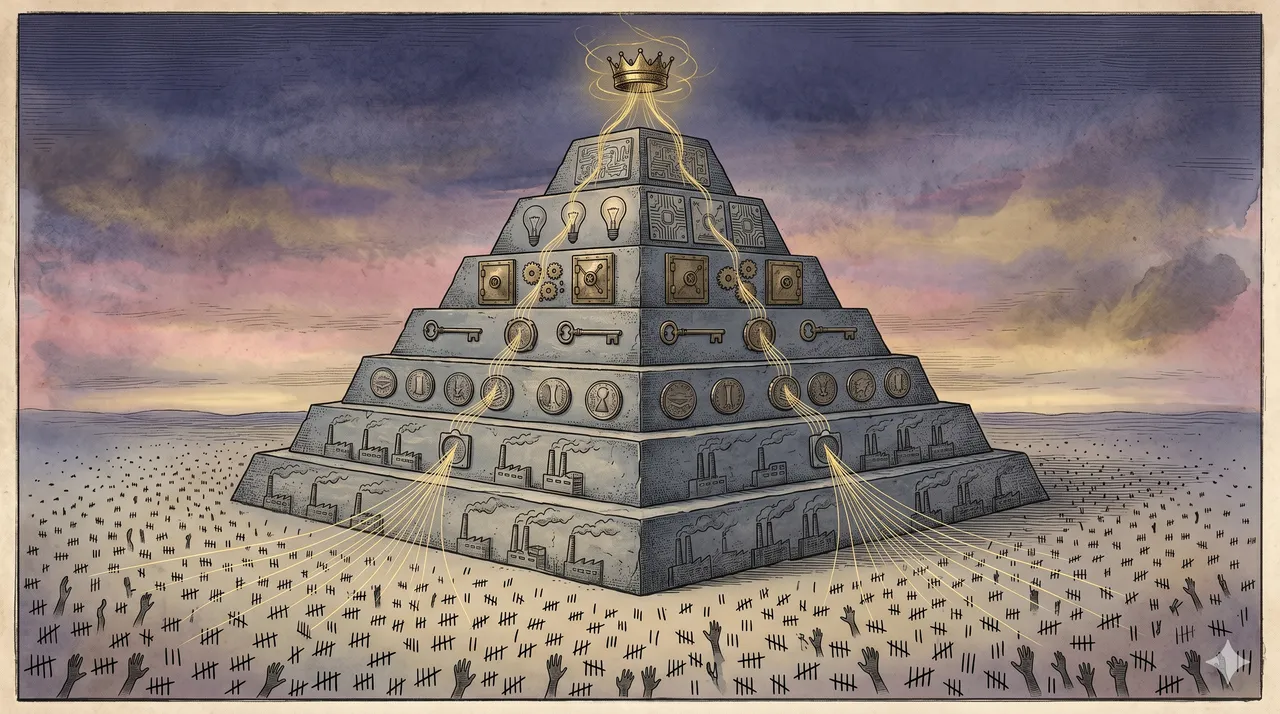 A pyramid of corporate icons tapering upward into a crown, with arrows of light funneling from a crowd of figures at the base to the apex
