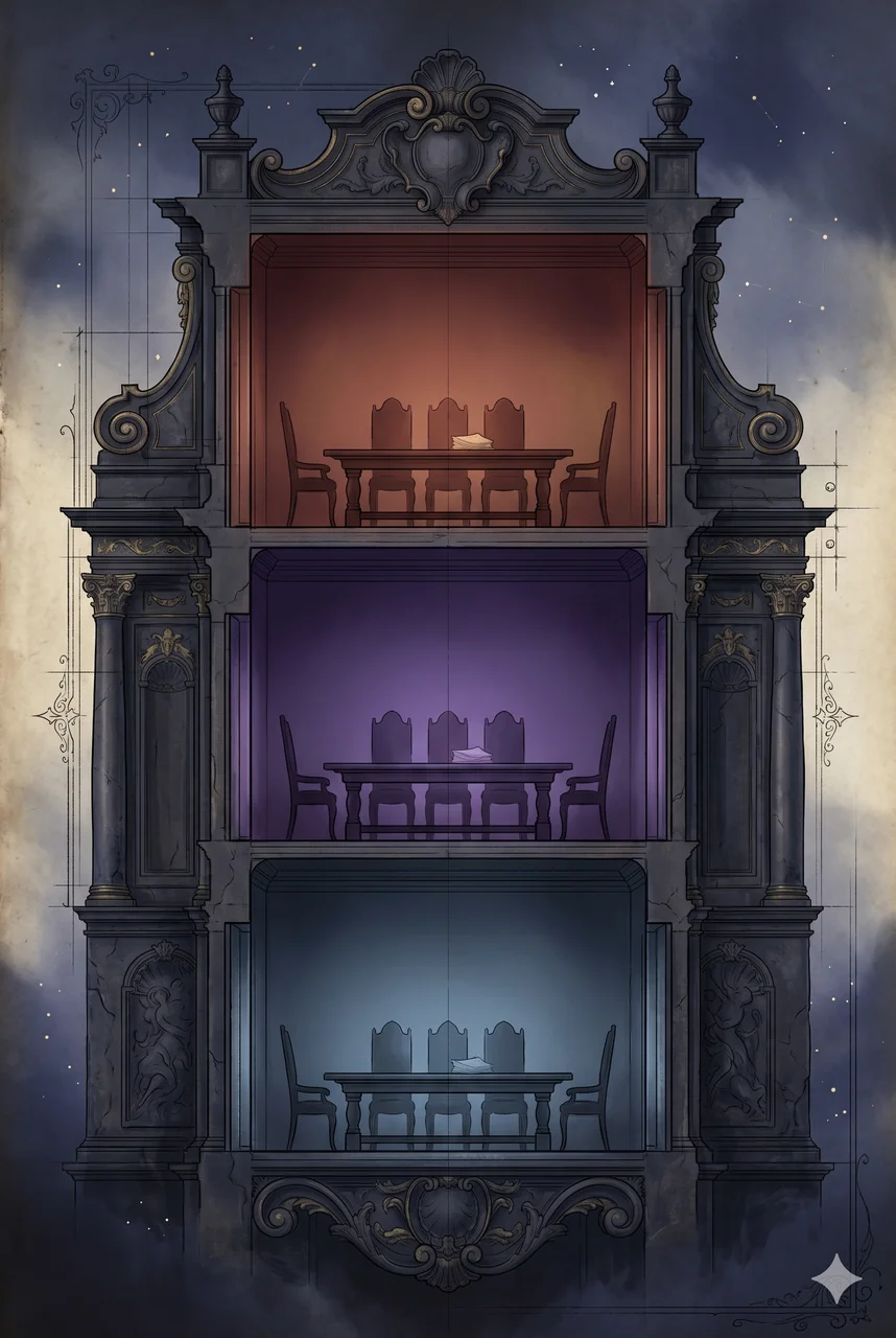 Three closed conference rooms in a row, each holding a different faction - a diagram suggesting parallel interrogations