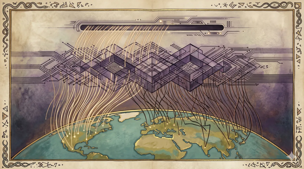 An interception lattice over Earth, where streams of prayers and intentions rise as light only to be scanned, flipped, and returned as dim, corrupted signals