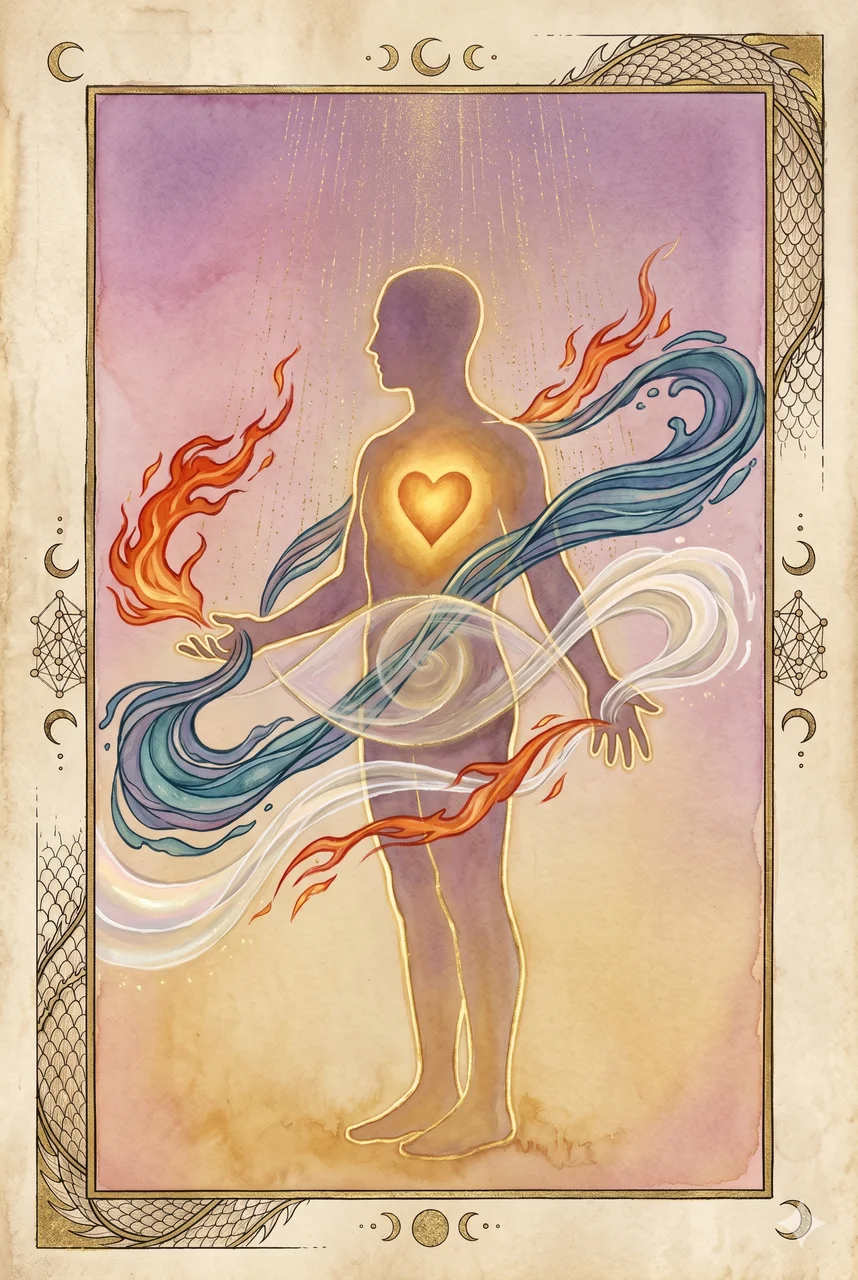 A human figure with a luminous soul center, weaving golden dust and elemental inputs (fire, water, air, ether) into visible form