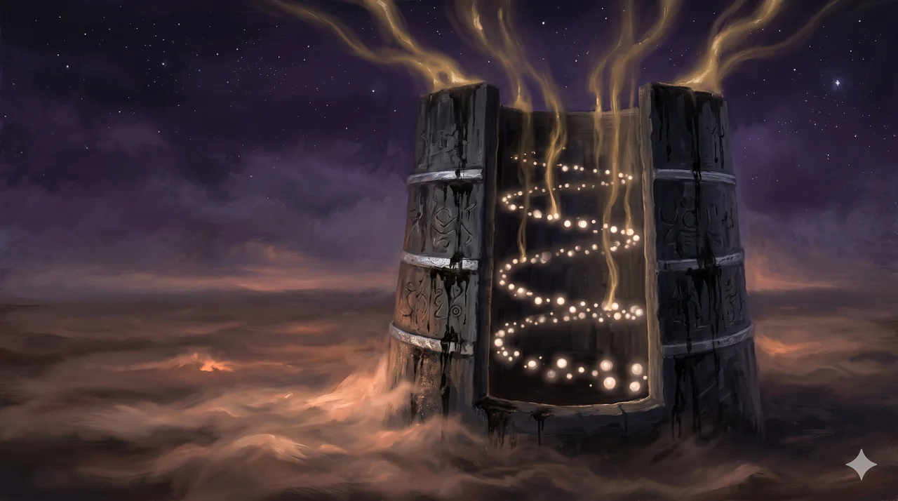 A circular dark tower structure with captured souls spinning in a slow luminous loop, producing streams of golden energy that rise toward unseen buyers