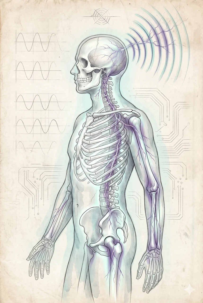 Abstract illustration of frequency waves entering the skull and branching through the skeleton, with a silent command overlay