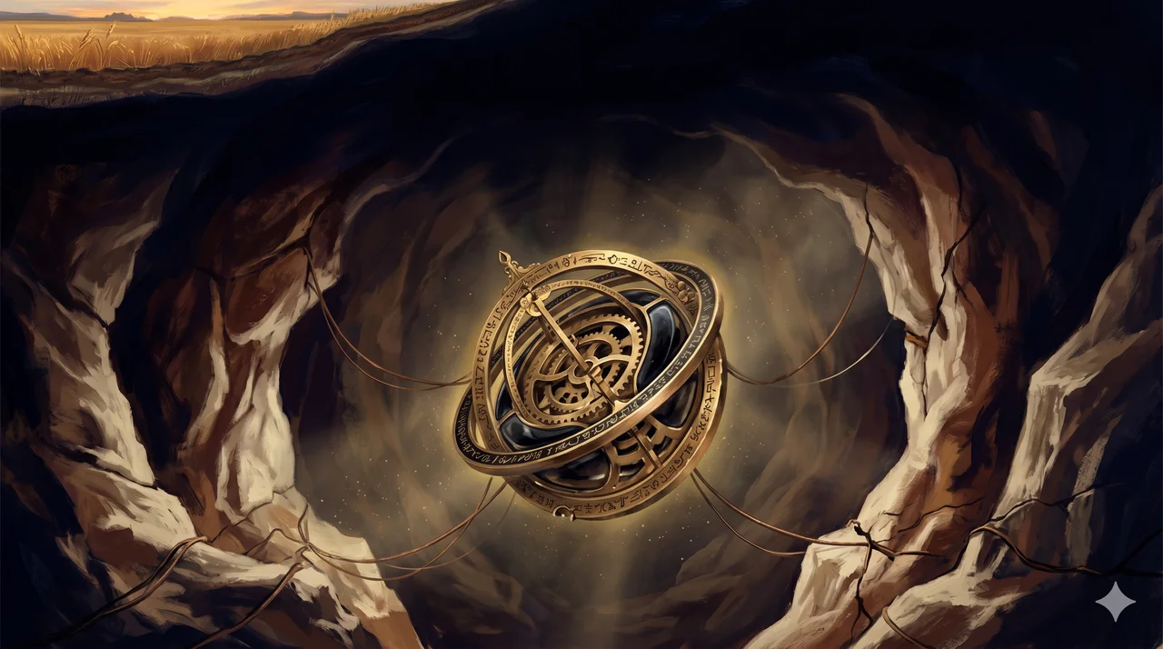 A hidden facility deep beneath the plains of Kansas, where an ancient time-viewing device hums with dim golden light