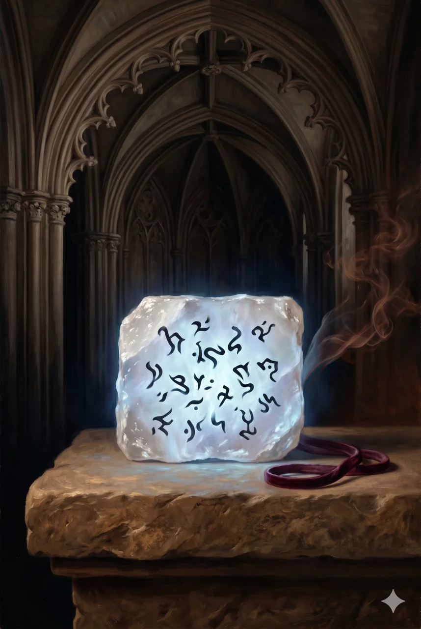 A flat, glowing crystal tablet resting on a stone altar, with black text shimmering across its surface in the dim light of an inner sanctum