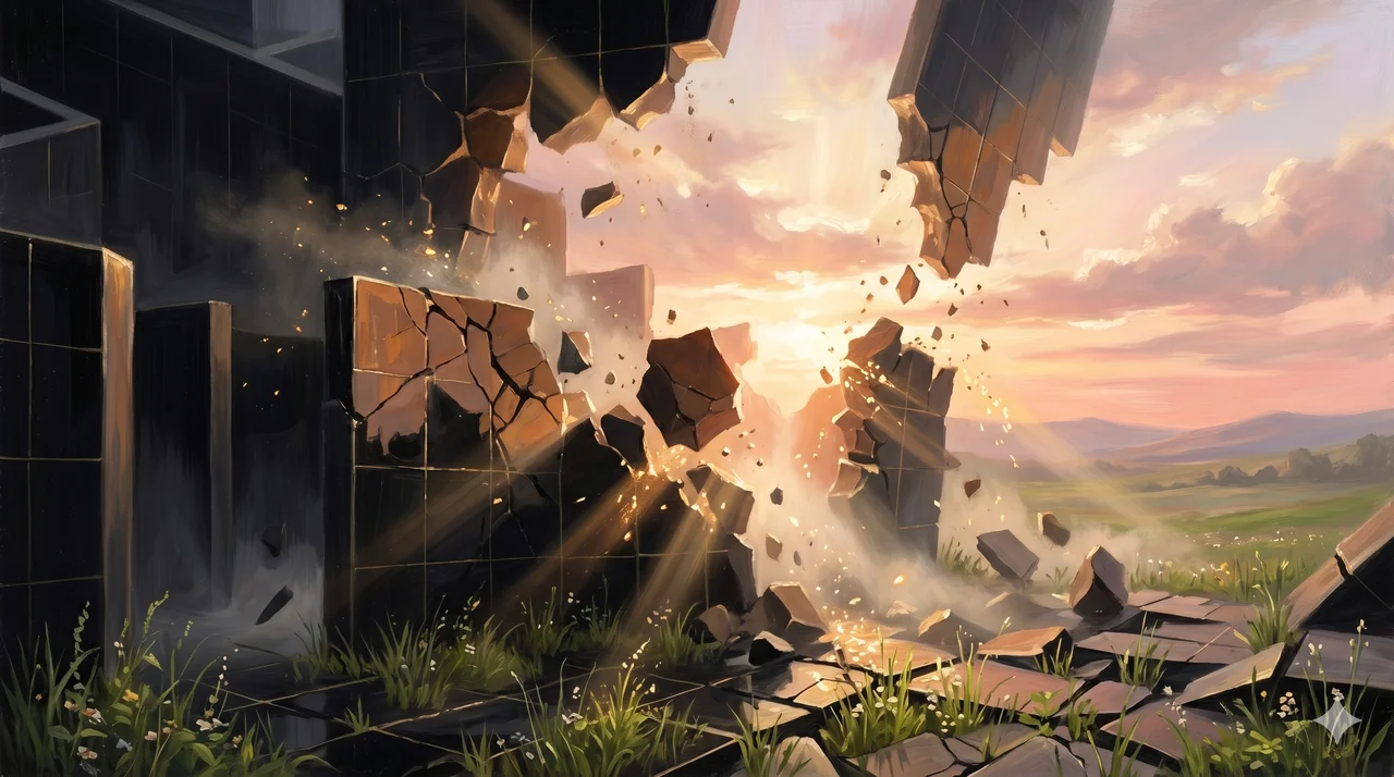 The walls of a vast labyrinth collapsing outward and dissolving into warm light, revealing open sky and a distant horizon