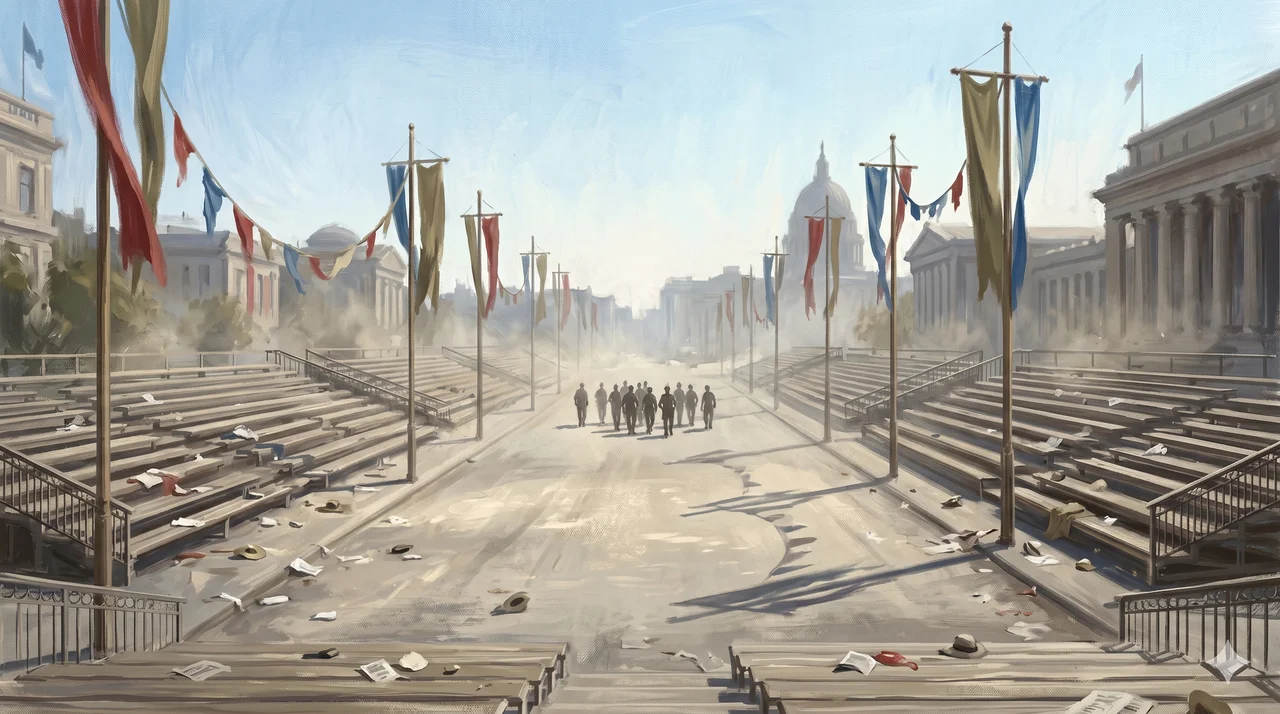 A wide, nearly empty military parade route with rows of empty bleachers flanking a quiet street as scattered soldiers walk informally down the center