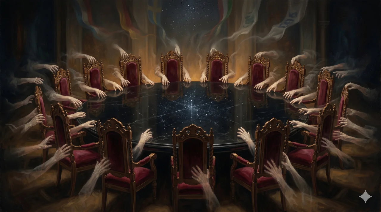 A single round council table surrounded by dozens of overlapping hands reaching for the same few empty chairs, suggesting chaotic competition for impossible seating