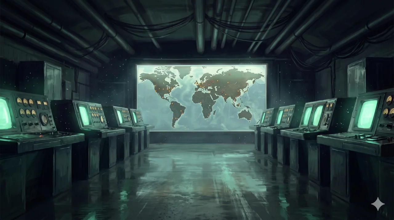 A dimly lit subterranean operations room beneath the Pentagon with rows of monitoring consoles and a glowing global targeting map
