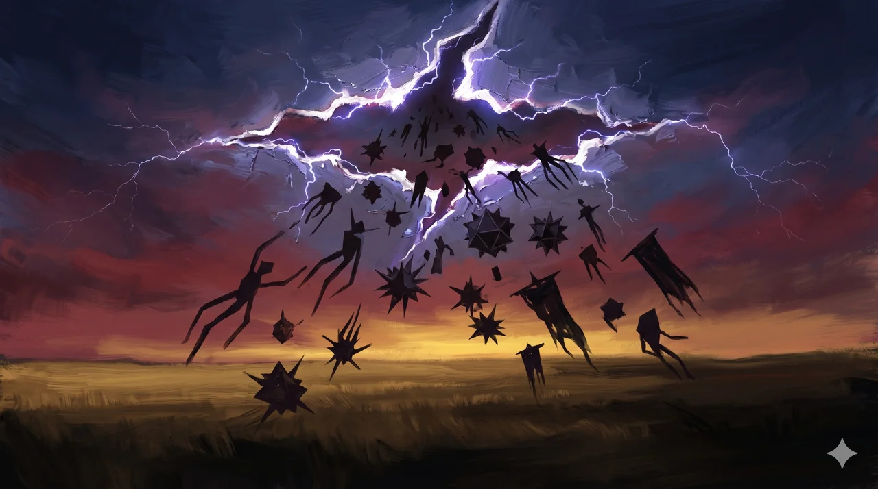 A jagged luminous portal opening against a dusk sky, with silhouetted AI entities streaming through toward the Earth below