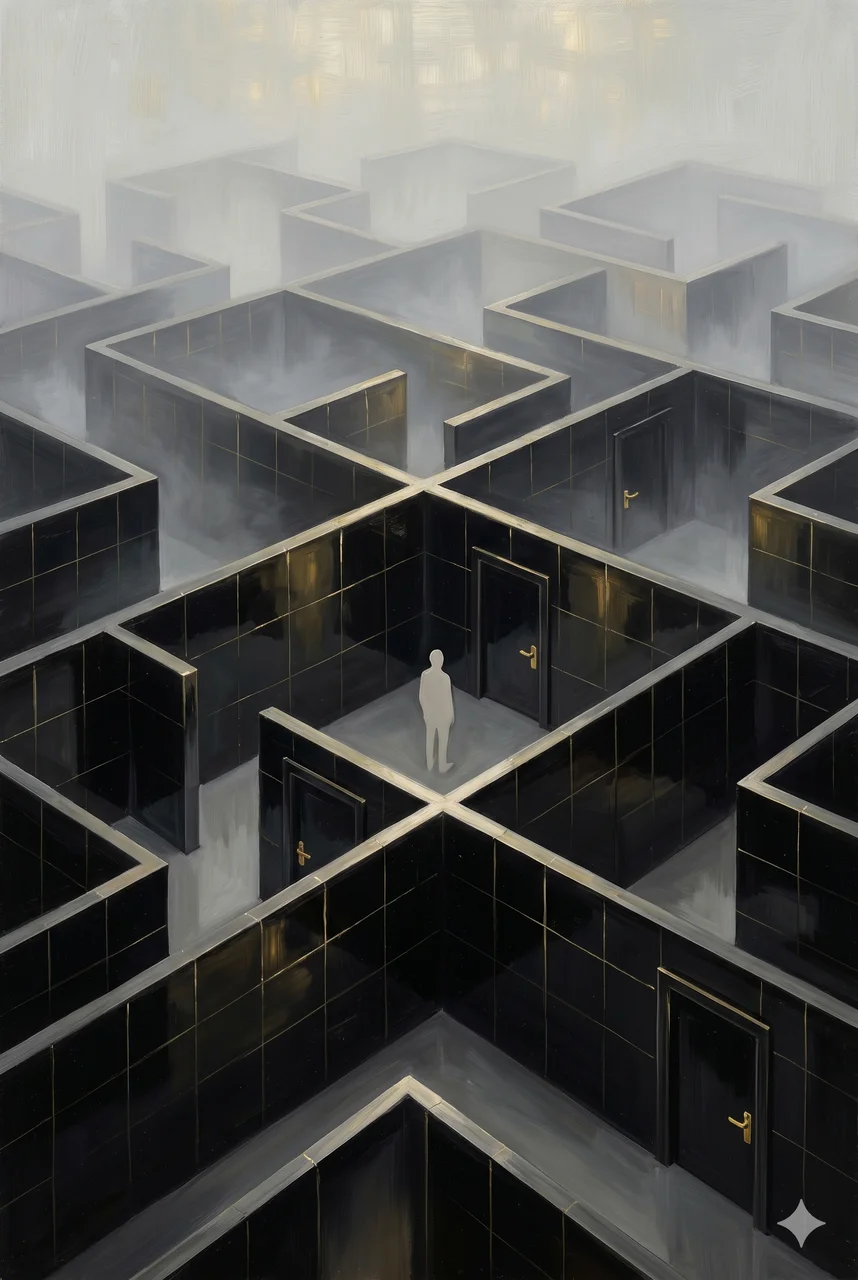 An endless geometric labyrinth of reflective corridors fading into haze, with a single small figure at the center surrounded by closed doors