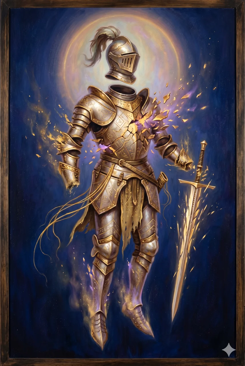 A luminous silhouette with dark armor pieces (helmet, breastplate, belt, sword, shoes) dissolving off the body into light