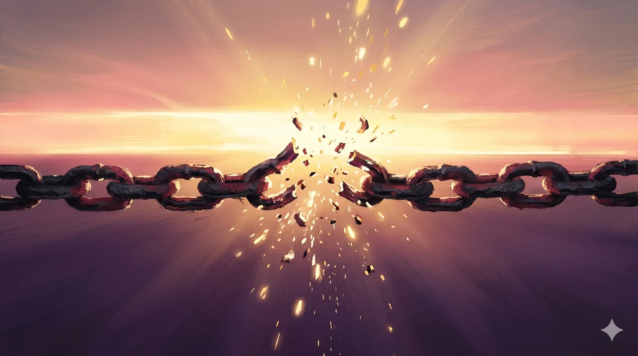 Dark chains and a ghostly sword breaking away from a human silhouette's chakras and aura, dissolving into rising motes of light