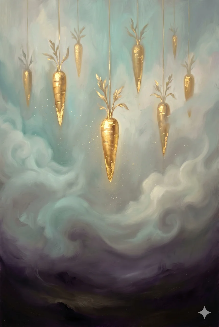 Dangling golden carrots suspended in a dim mist above a shadowed financial map, glittering but ungrounded